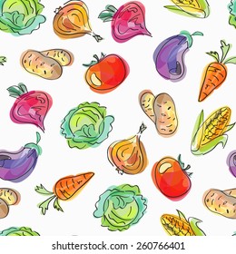 Vector seamless pattern, doodle design. Colorful illustration, cute background. Endless vegetable background. Hand drawn food design.