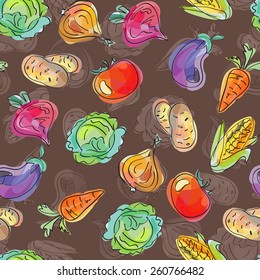Vector seamless pattern, doodle design. Colorful illustration, cute background. Endless vegetable background. Hand drawn food design.