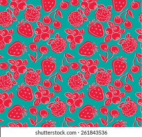 Vector seamless pattern, doodle design. Colorful illustration, cute background. Childish pattern. Endless fruit background. Berry backdrop. 