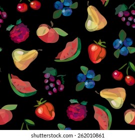 Vector seamless pattern, doodle design. Colorful illustration, cute background. Childish pattern. Endless fruit background. Berry and fruit backdrop. Watercolor imitation.