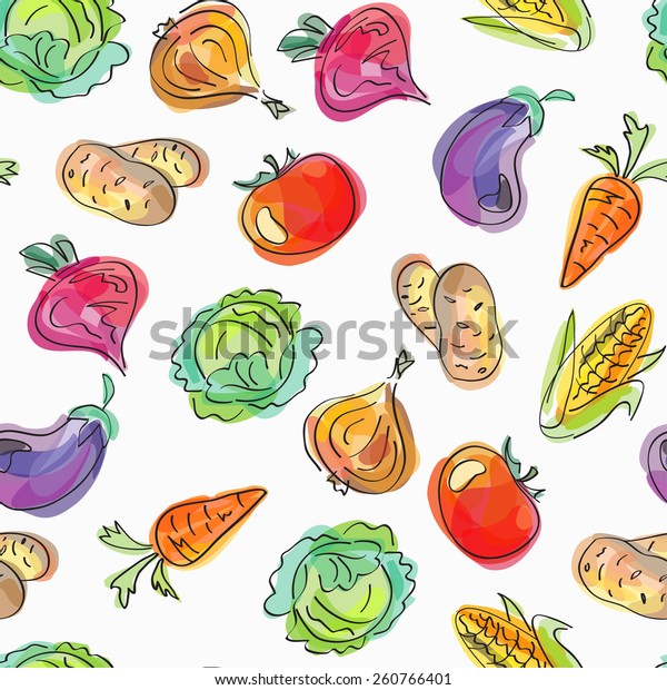 ベクターシームレスなパターン 落書き風デザイン かわいい背景にカラフルなイラスト 無限の野菜の背景 手描きの食べ物デザイン のベクター画像素材 ロイヤリティフリー