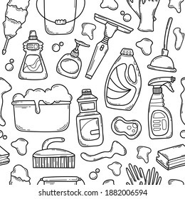 Vector Seamless Pattern with Doodle Detergents and Tools for Cleaning the House in Sketch style.Ornament with Hand Drawn Equipment.Pattern for Textile, Print, Wrapping Paper, Wallpaper.