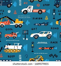 Vector Seamless Pattern with Doodle Different Toy Cars: Racing Car, Heavy Construction Trucks and Traffic Signs. Cartoon Transportation Blue Background for Kids