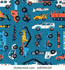 Vector Seamless Pattern with Doodle Different Toy Cars: Racing Car, Heavy Construction Trucks. Cartoon Transportation Blue Background for Kids