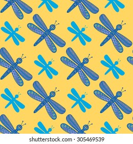 Vector seamless pattern with doodle dragonflies. Hand drawn insects with tribal ornament. Blue colors.
