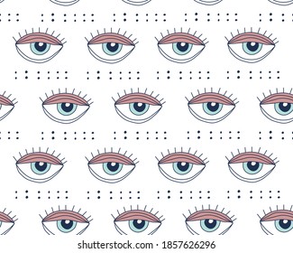 Vector seamless pattern with doodle drawing evil eye. Magic, witchcraft, occult symbol, line art collection. Hamsa eye, magical eye, decor element. Good for Fabric, textile, giftware, wallpaper.