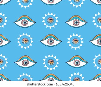 Vector seamless pattern with doodle drawing evil eye. Magic, witchcraft, occult symbol, line art collection. Hamsa eye, magical eye, decor element. Good for Fabric, textile, giftware, wallpaper.