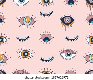 Vector seamless pattern with doodle drawing evil eye. Magic, witchcraft, occult symbol, line art collection. Hamsa eye, magical eye, decor element. Good for Fabric, textile, giftware, wallpaper.