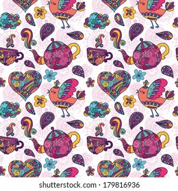 vector seamless pattern with doodle elements: birds, cups, flowers, hearts, teapots  in cartoon style 