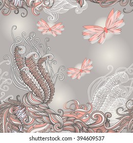 Vector seamless pattern with doodle elements and pink butterflies. Abstract background. Can be used as a card or as a seamless design for the invitations, wedding design, textile design or else.