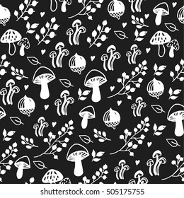 vector seamless pattern. doodle elements. minimalist style. decorative elements of plants, mushrooms, nuts, berries, harvest.