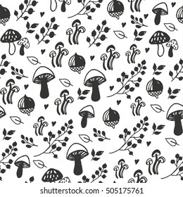 vector seamless pattern. doodle elements. minimalist style. decorative elements of plants, mushrooms, nuts, berries, harvest.