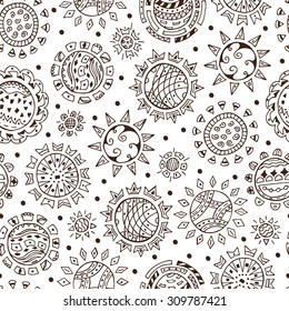 Vector Seamless pattern with doodle Ethnic Suns and Stars