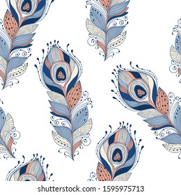 Vector Seamless Pattern with Doodle Feathers