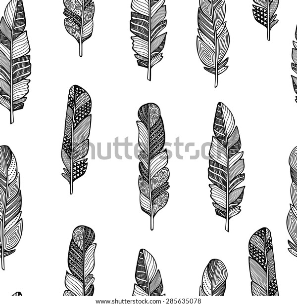 Vector Seamless Pattern Doodle Feathers Ornament Stock Vector (Royalty ...