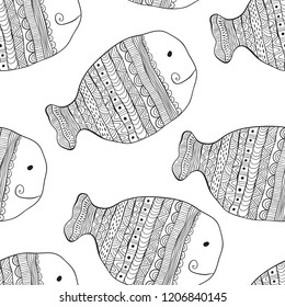 Vector Seamless Pattern with Doodle Fishes. Doodle Cartoon Fishes. Can ba used for textile, fabric, wrapping paper etc.