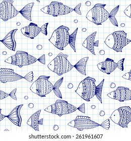 Vector seamless pattern with doodle fishes