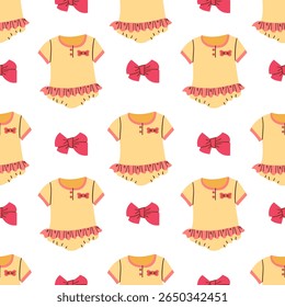 Vector seamless pattern with doodle flat of baby clothes and newborn accessories. Minimalistic vector illustration of the background for the website