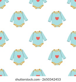 Vector seamless pattern with doodle flat of baby clothes and newborn accessories. Minimalistic vector illustration of the background for the website