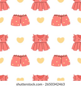 Vector seamless pattern with doodle flat of baby clothes and newborn accessories. Minimalistic vector illustration of the background for the website