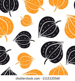Vector seamless pattern with doodle floral elements. Autumn collection. Flower graphic design. Ðhysalis flowers. Hand drawn vector botany texture. Modern fall seasonal decor