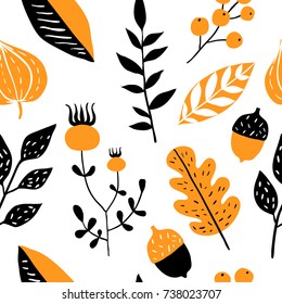 Vector seamless pattern with doodle floral elements. Autumn collection. Flower graphic design. Herbs, berries and wild flowers. Hand drawn vector botany texture. Modern fall seasonal decor