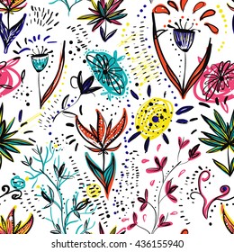 Vector seamless pattern with doodle flowers. Bright funky background