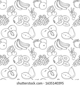 Vector seamless pattern with doodle fruits; hand drawing fruits and berries for fabric, wallpaper, wrapping paper, textile, package, web design.
