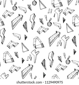 Vector seamless pattern with doodle geometrical figures. Hand drawn texture with funny volume abstract object in sketch style.