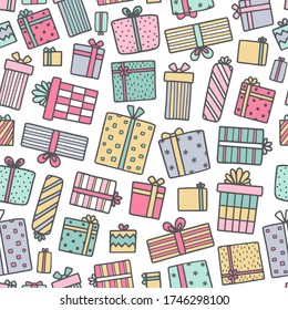 Vector seamless pattern with doodle gifts. Light color illustration. Gift boxes and bags on a white background. Cute design for wrapping, textile and scrapbooking. Festive background.