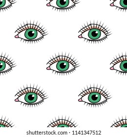 Vector seamless pattern with doodle green eye