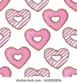 Vector seamless pattern with doodle hand drawn colored heart donuts on white. Sketch, hand drawn. Desert background. Valentines Day 