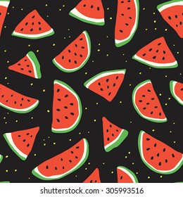 Vector seamless pattern with doodle hand drawn watermelons on black background with yellow dots. Summer texture.