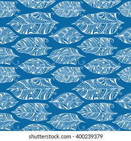 Vector seamless pattern with doodle hand drawn abstract feathers.
Can be used for greeting card template, fashion, fabric swatch, wallpaper, home decor print, pattern fills