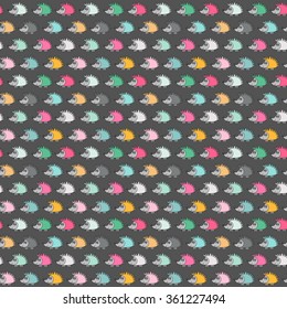 Vector seamless pattern with doodle hedgehog. Grey, pink, blue, mint, orange, yellow, green colors. On dark background.