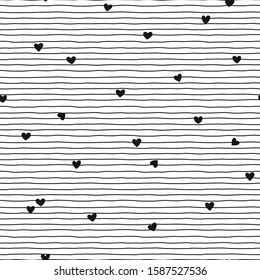 Vector seamless pattern with doodle horizontal stripes and tiny hearts. Stripy background. Valentines Day design idea.