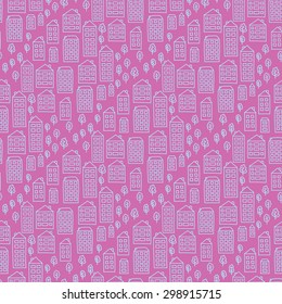 Vector seamless pattern with doodle houses and trees. Blue homes on pink background.