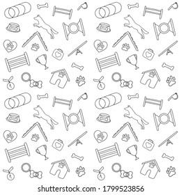 Vector seamless pattern with doodle icons, dog agility equipment and pet symbols, isolated on white background. Canine club or pet shop concept, print for textile