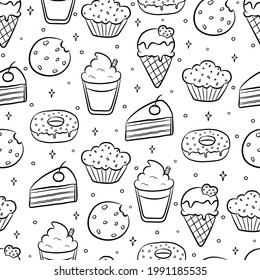 Vector seamless pattern with doodle icons drink and dessert food. Black and white coffee, donut, ice cream, muffin, cake and cookie. Design for menu, bakeries, cafes and restaurants.