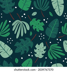 Vector seamless pattern with doodle jungle leaves
