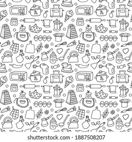 Vector Seamless Pattern with Doodle Kitchen Utensil in Sketch style. Ornament of Line Cooking Tools for Textile, Fabric,Wallpaper, Print,Wrapping Paper.Cuisine Hand Drawn Elements.