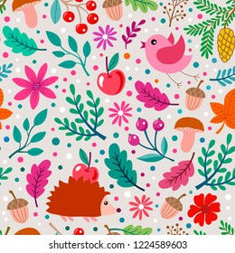Vector seamless pattern with doodle leaves and flowers. Autumn collection.