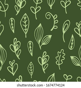 Vector seamless pattern of doodle leaves. Digital scrap paper. Simple leaves are hand drawn in doodle style. For the design of surfaces, textiles, packaging, backgrounds. Theme of nature