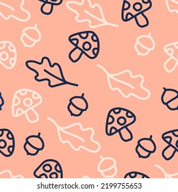 Vector seamless pattern with doodle leaves, acorns and mushrooms. Autumn seasonal decor. Flower graphic design
