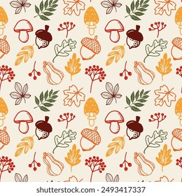 Vector seamless pattern with doodle leaves, acorns, pumpkin. Hand drawn floral print