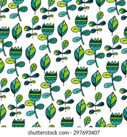 vector seamless pattern with doodle leaves and flowers. Doodling design pattern with flowers and leaves. 