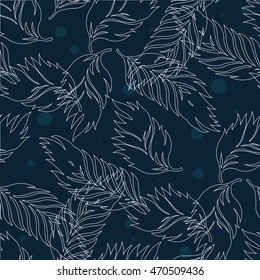 Vector seamless pattern with doodle leaves of palm trees on dark background