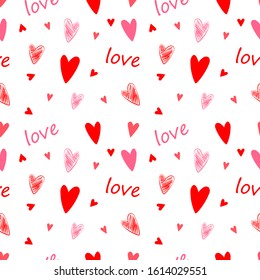 Vector seamless pattern doodle line hearts red and pink and word love for lovely sweet cute decoration cards package