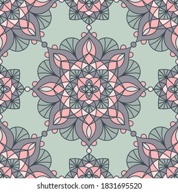 Vector seamless pattern with doodle mandala. Light colors background - ping, green, gray. Hand drawn abstact pattern.