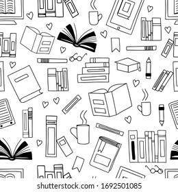Vector seamless pattern. Doodle. Many black outlines icons of books isolated scattered on white background.  Pile of paper books, open book, electronic book, reader, glasses, heart, lamp.